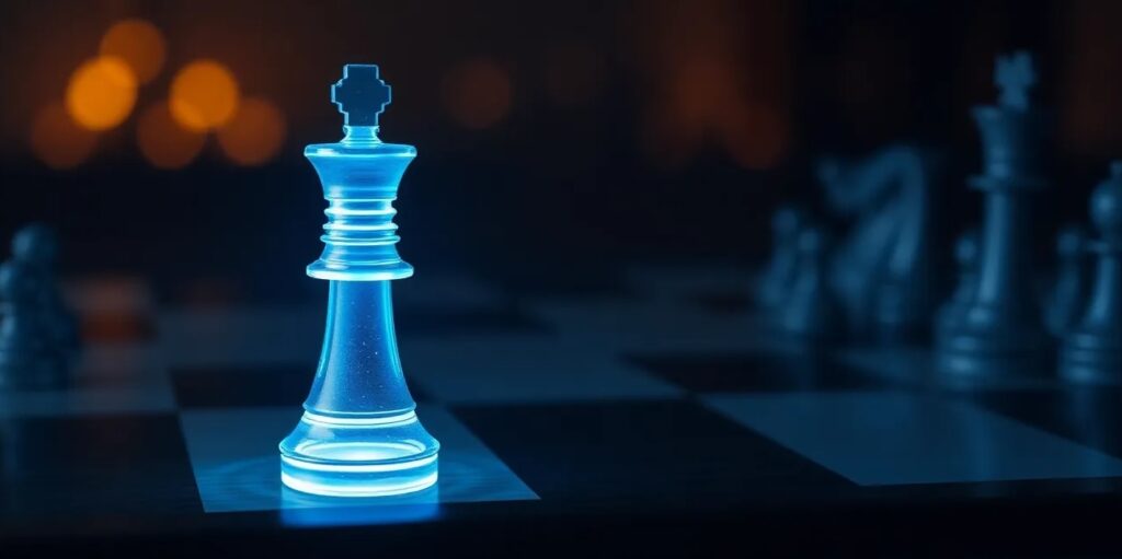 A close-up of a dark wooden chessboard, one chess piece is glowing with a blue neon light A close-up of a dark wooden chessboard, one chess piece is glowing with a blue neon light