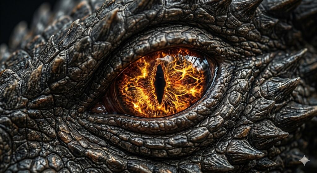 A close-up of a dragon’s eye, glowing iris, photorealistic, extreme detail, macro close-up, sharp textures