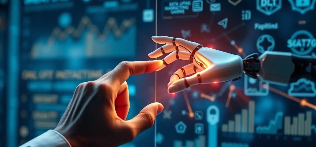 A concept art of a human hand and a robotic hand co-writing on a transparent digital screen