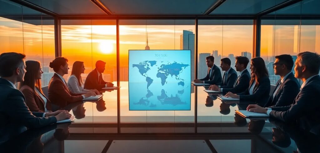 A diverse group of business professionals in a sleek, glass-walled boardroom overlooking a metropolis A diverse group of business professionals in a sleek, glass-walled boardroom overlooking a metropolis