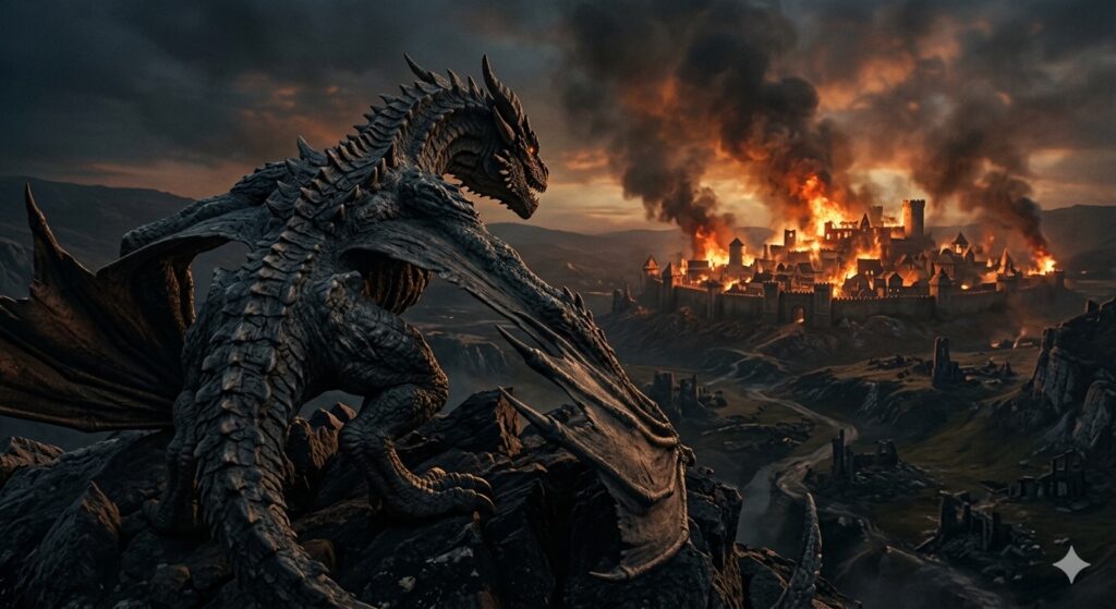 A dragon looking toward a distant burning city, photorealistic, over-the-shoulder perspective from behind the dragon
