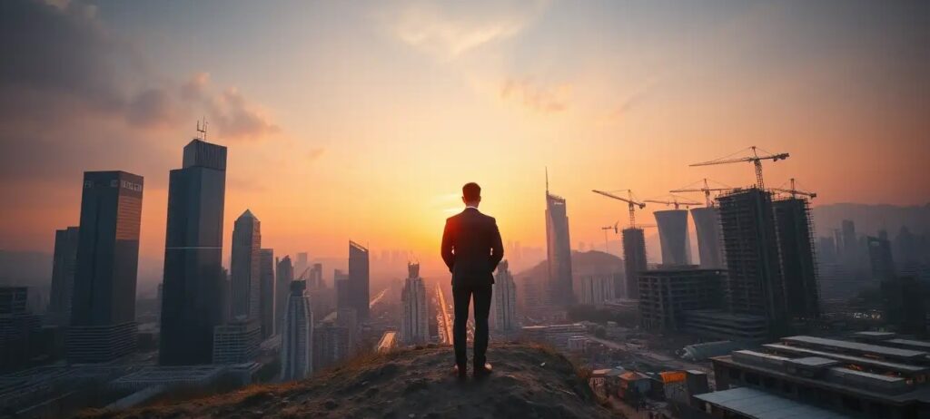 A dramatic, cinematic photograph of a modern businessman in a suit standing on a hill, looking down at a rapidly developing city at sunset