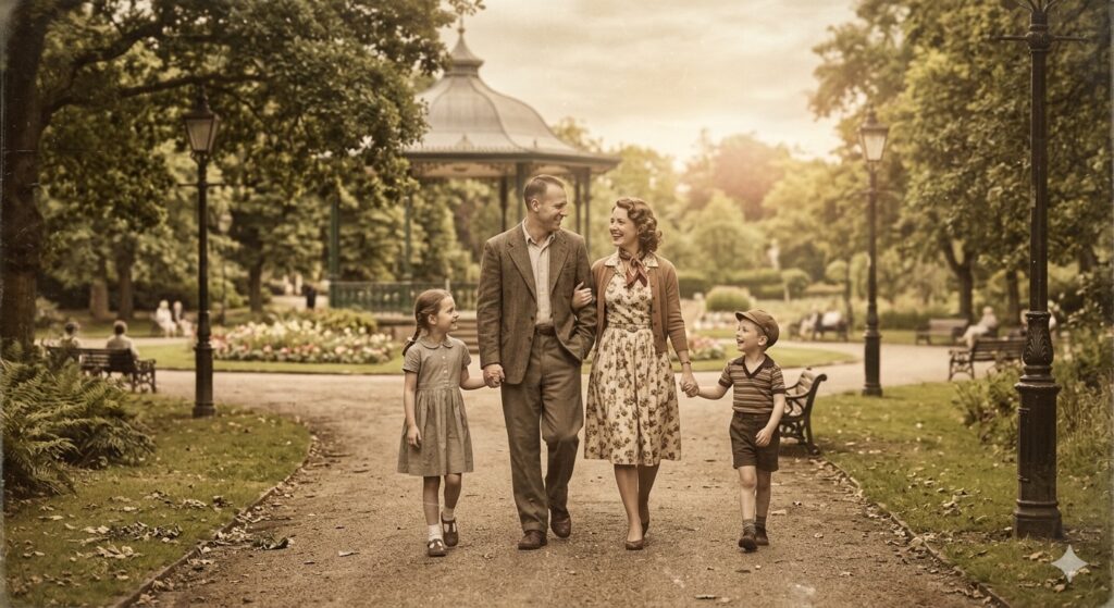 A family walking in a park, warm interaction, photorealistic, faded colors, soft contrast, vintage tone, nostalgic lifestyle