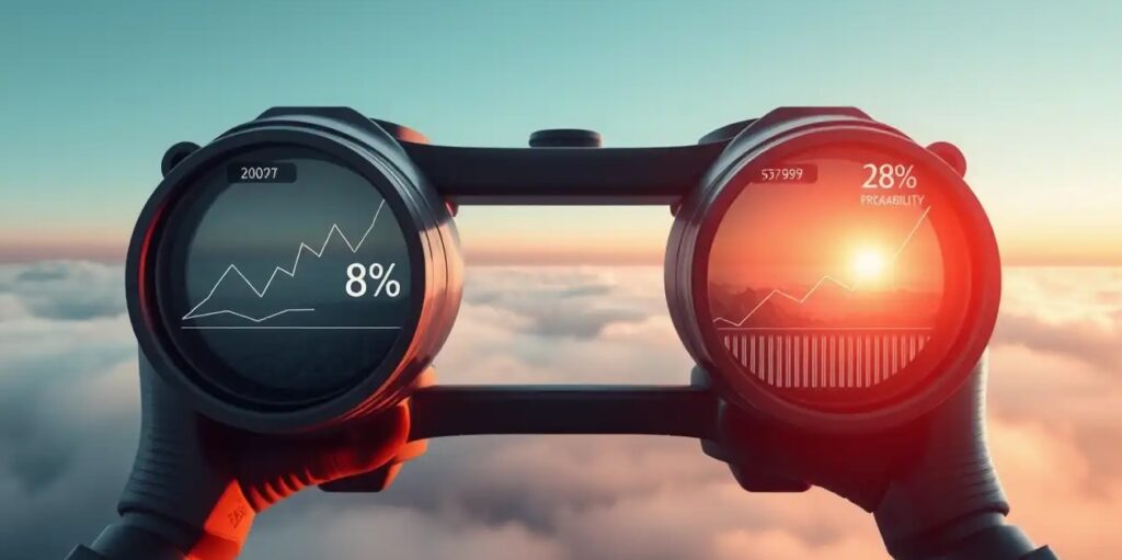 A futuristic binoculars with data overlays showing probability percentages and trend lines on a distant, fog-covered landscape