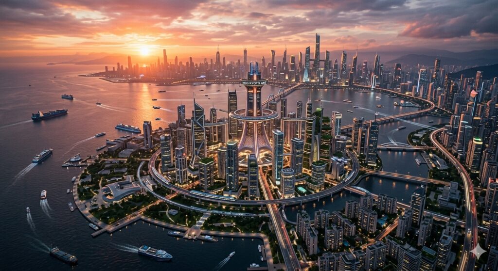 A futuristic city at sunset, photorealistic, aerial drone shot, wide cinematic view, glowing skyline, atmospheric depth