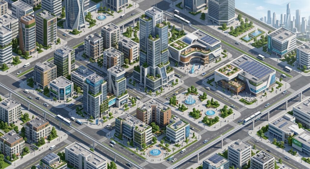 A futuristic city block, photorealistic, isometric view, clean geometric layout, balanced perspective, architectural visualization style