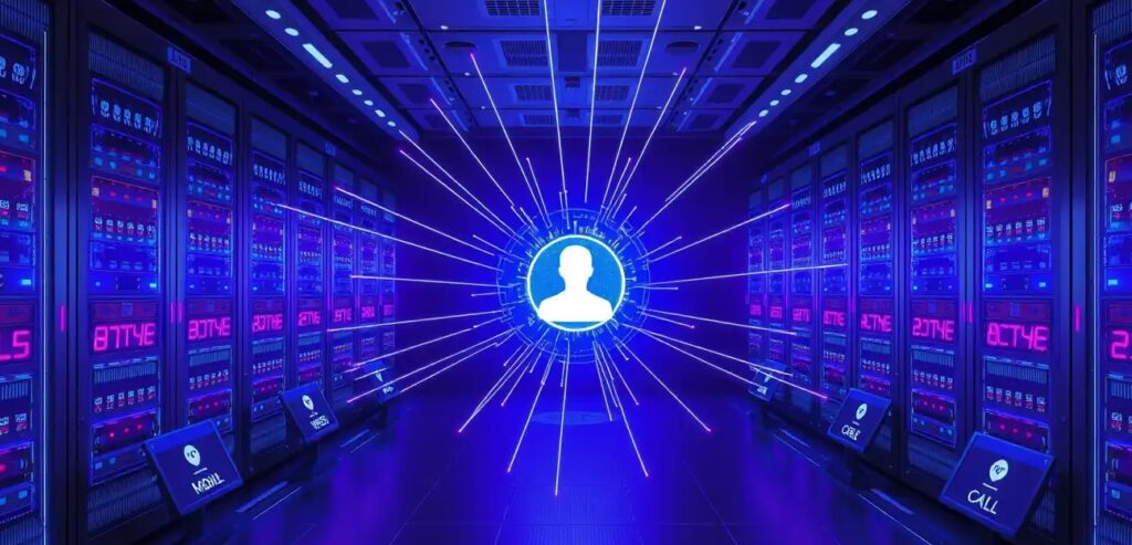 A futuristic server room. A single, giant, luminous data core at the center
