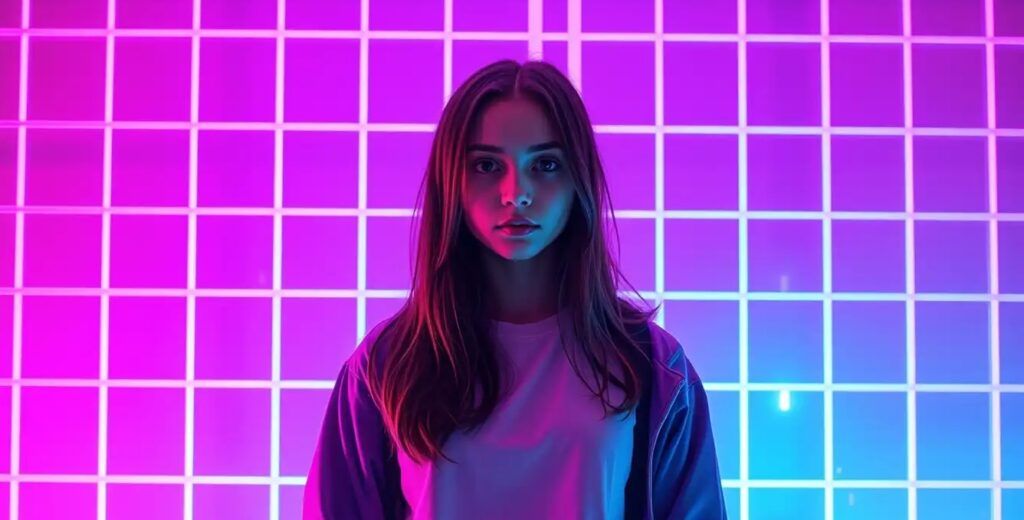 A girl standing in a Retro 80s neon grid background, synthwave colors