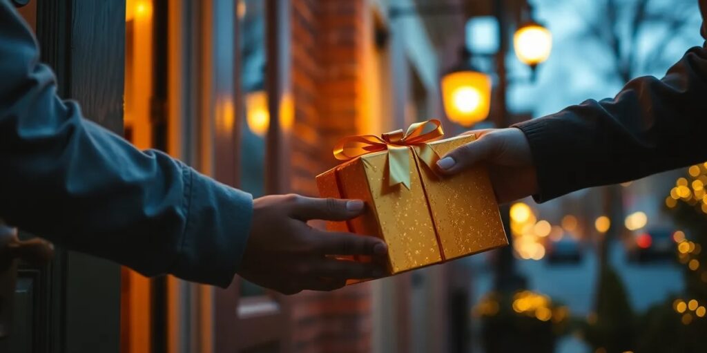 A glowing golden gift box being handed over at a doorstep