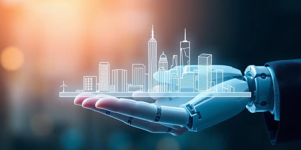 A hand of a businessperson and a robotic hand co-holding a translucent, glowing geometric blueprint of a city skyline