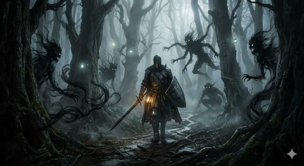 A knight walking in dark fantasy forest with shadow creatures, fog, mysterious lighting
