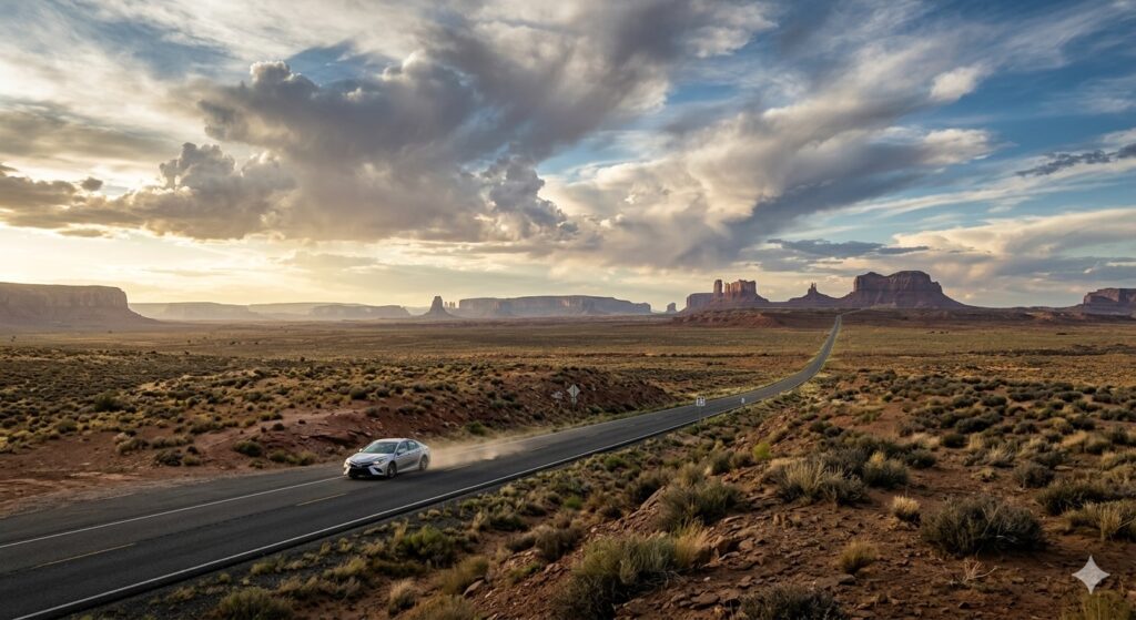 A lone car driving across a vast desert highway, photorealistic, wide shot, expansive landscape, distant subject