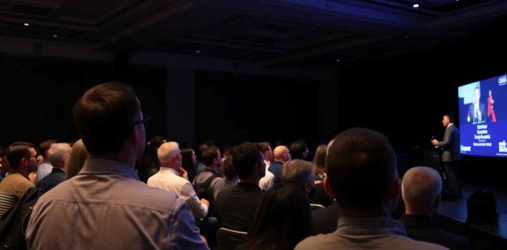A lot of customers in event listening to speaker on stage