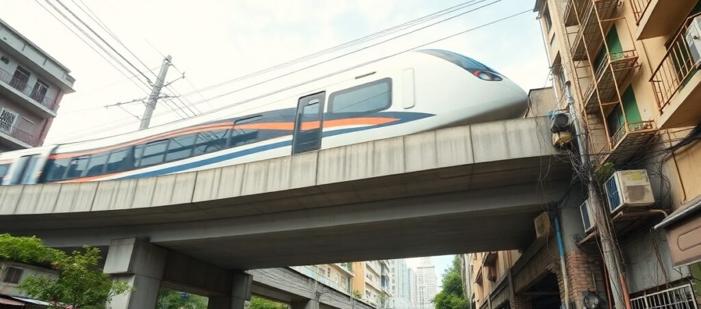 A low-angle shot looking up at a modern, high-speed train traveling on an elevated concrete track