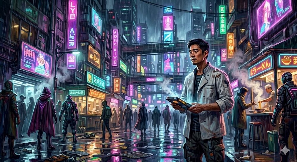 A man in Cyberpunk city at night, neon lights, rain reflections, futuristic buildings