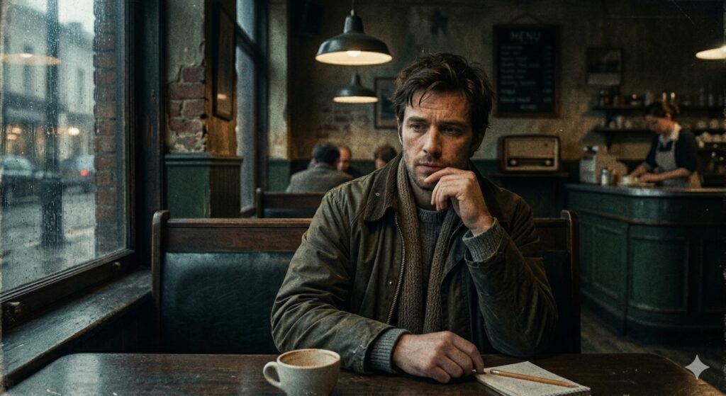 A man sitting alone in a dim café, thoughtful expression, photorealistic, film grain, cinematic lighting