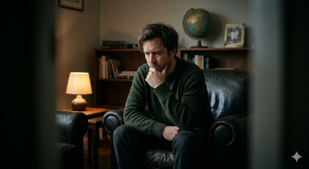 A man sitting alone in a room, deep thought, photorealistic, vignette effect, low lighting