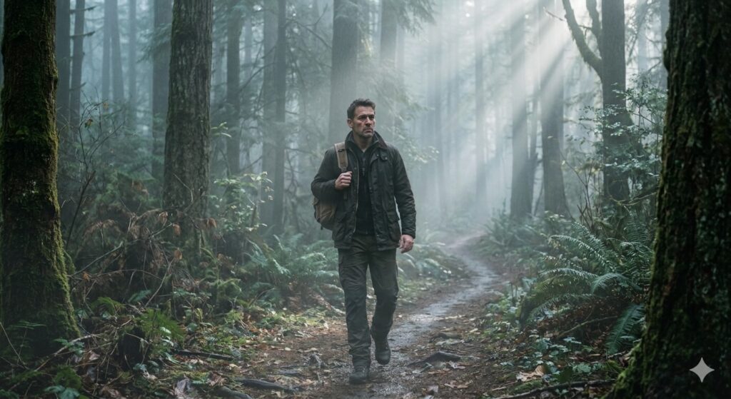A man walking through a forest, serious expression, photorealistic, misty atmosphere, light haze, volumetric light rays