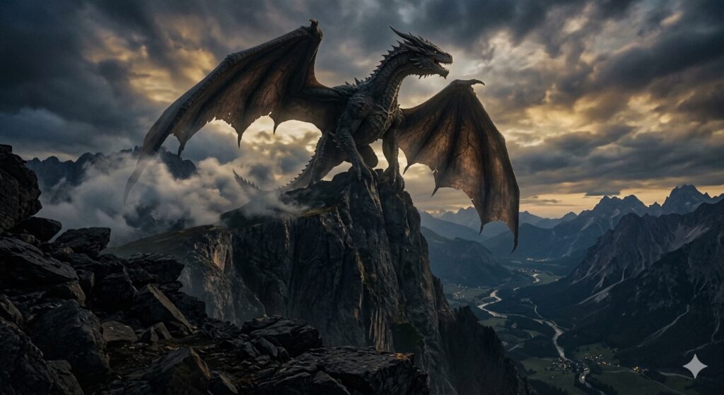 A massive dragon standing on a cliff, wings slightly spread, photorealistic, low angle shot, looking up, dramatic scale