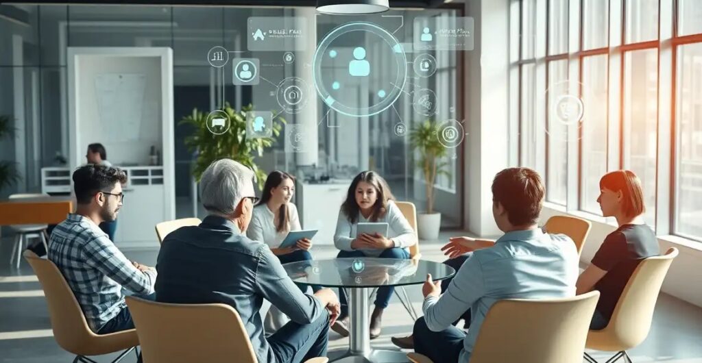 A modern co-working space where humans are sitting in a circle, brainstorming with holographic AI assistants