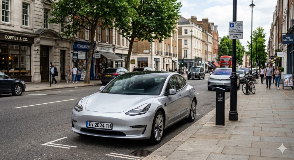 A modern electric car parked on a city street