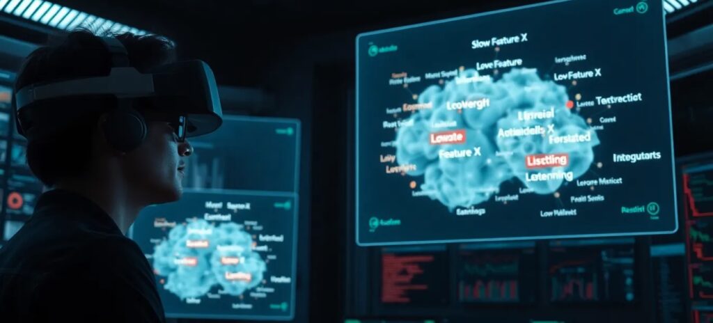 A photo inside a dimly lit, futuristic command center. A data analyst wears an AR headset, looking at large holographic displays that float in front of them