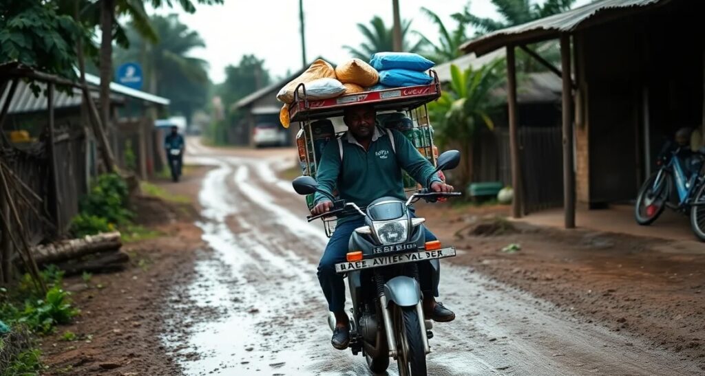 A powerful, authentic documentary photo of a local distribution agent on a motorbike