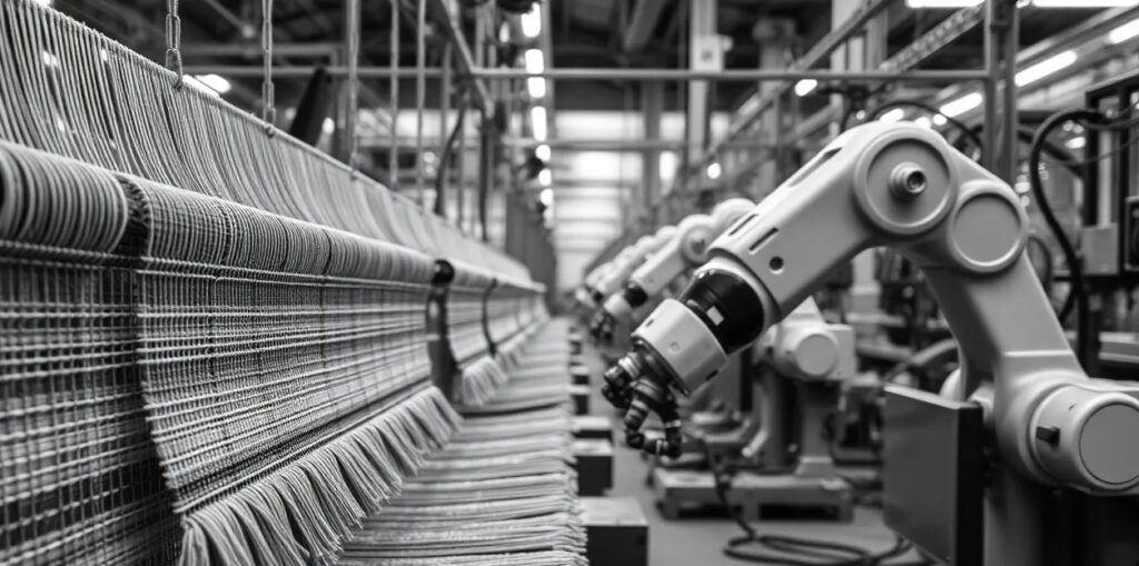 A powerful black and white photograph focusing on the juxtaposition of hand-woven textiles or traditional crafts