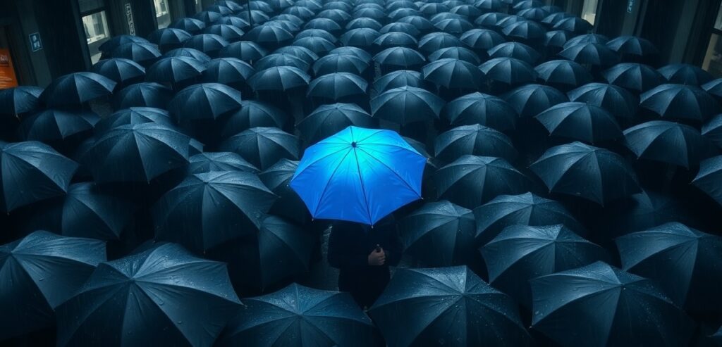 A sea of grey umbrellas in a rainy city street, seen from a high angle. In the center, one person is holding a vibrant, glowing neon-blue umbrella