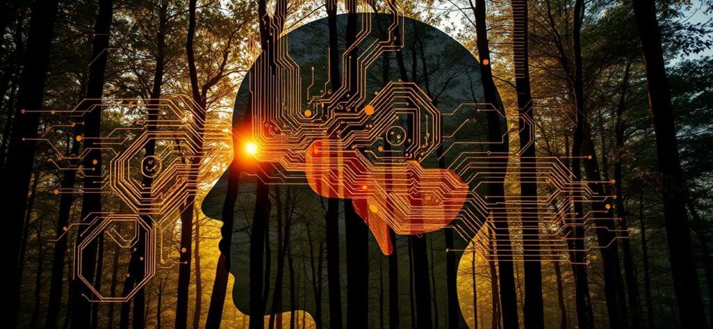 A silhouette of a human head merged with complex golden circuit patterns and a serene forest