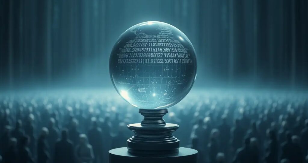 A singular, illuminated crystal sphere stands alone on a pedestal in an infinite, dark data forest