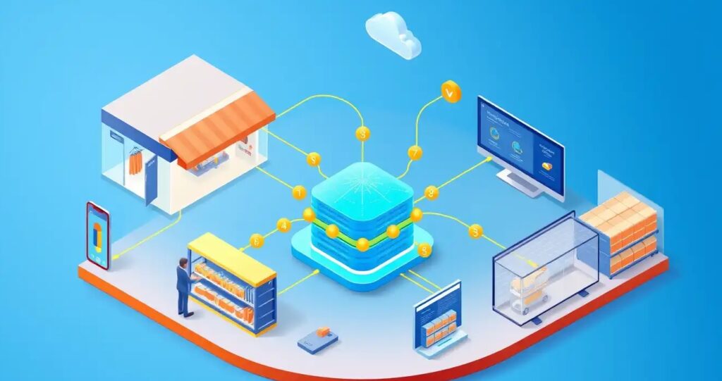 A sleek, isometric dynamic illustration of a complete Phygital business ecosystem
