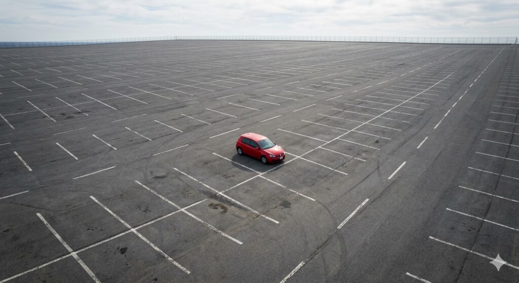 A small red car in a large empty parking lot, photorealistic, high angle view, looking down, wide space