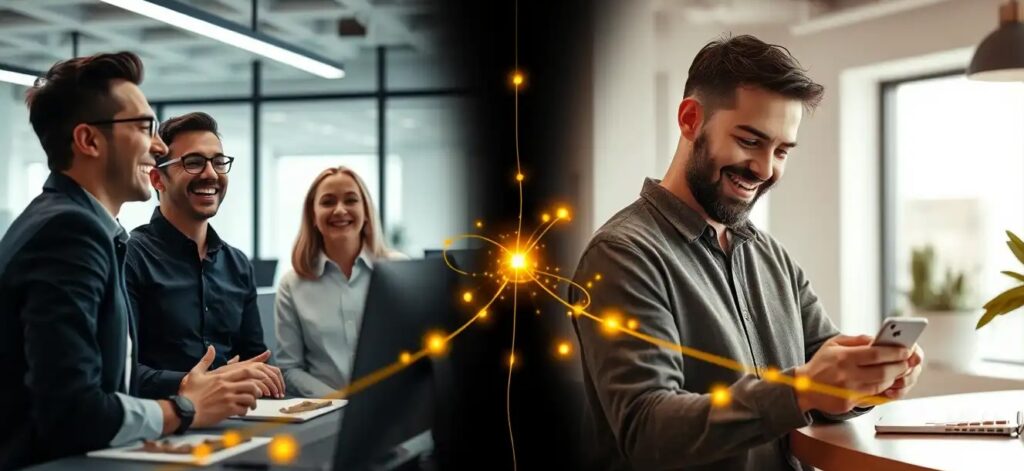 A split-screen composition of employee in office