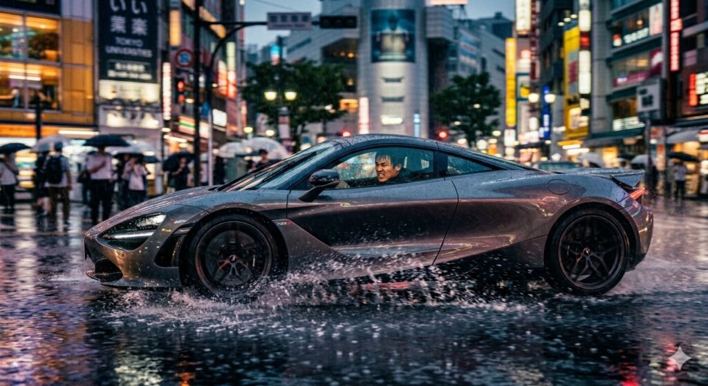 A sport car driving in the rain, intense expression, photorealistic, motion blur, dynamic movement