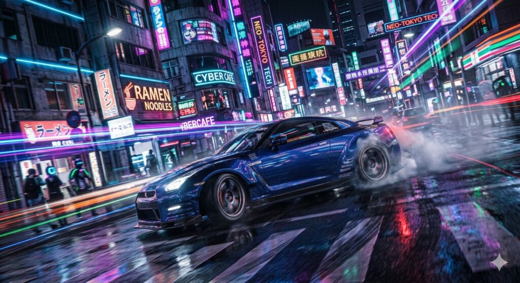 A sports car drifting on a neon-lit street at night, photorealistic, Dutch angle, tilted frame, dynamic composition, motion blur, cyberpunk atmosphere