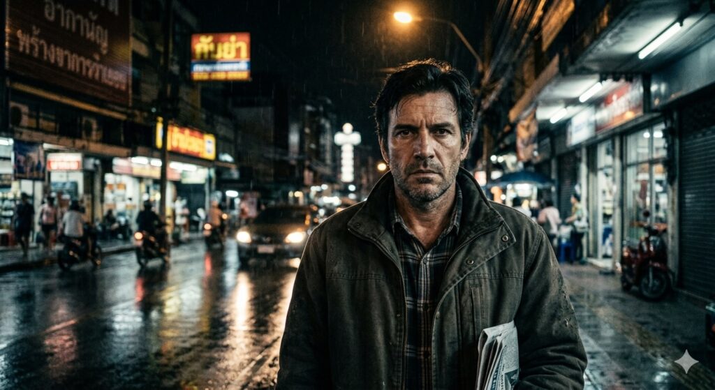 A street portrait of a man at night, serious expression, photorealistic, grainy texture, noise, high contrast