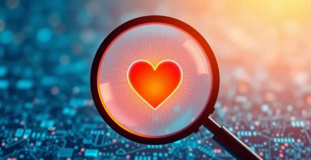 A stylized image of a giant magnifying glass hovering over a sea of abstract digital patterns, revealing a warm, heart in the center