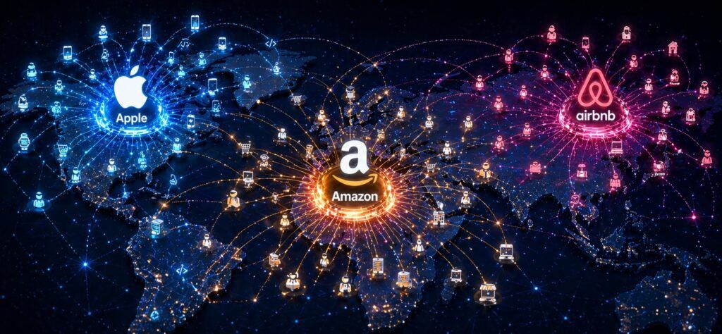 A stylized map illustration of a global business ecosystem