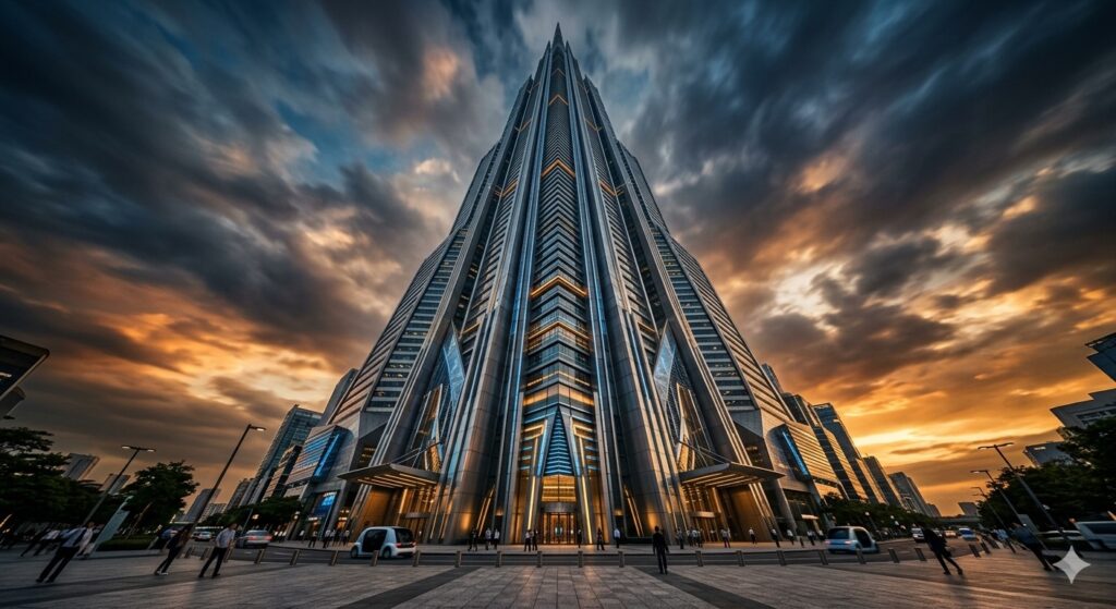 A towering futuristic skyscraper, photorealistic, worm’s eye view from ground level, extreme upward perspective