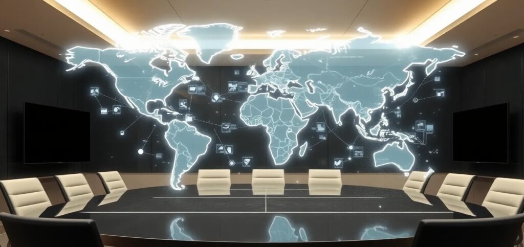 A transparent 3D map of global market trends floating above a sleek boardroom table