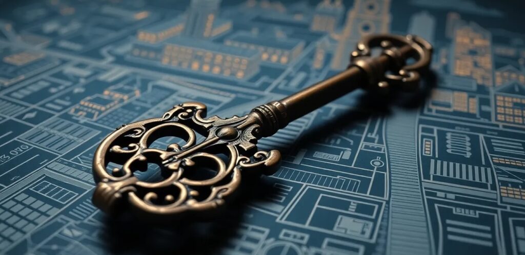 A vintage ornate key lying on a modern digital architectural blueprint of a city A vintage ornate key lying on a modern digital architectural blueprint of a city