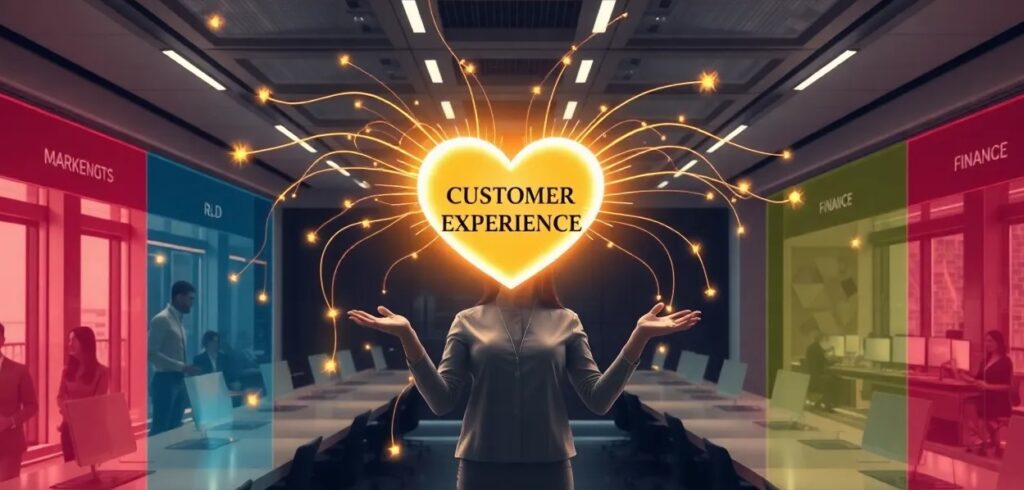 A wide shot of a futuristic office where different departments with customer experience in the middle