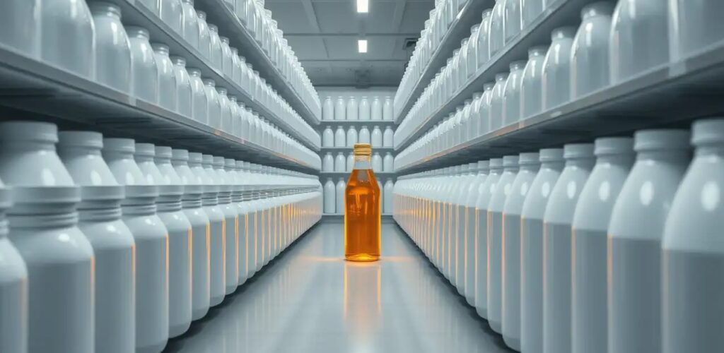 A wide shot of a supermarket shelf filled with hundreds of identical white minimalist bottles, but only one bottle has a subtle, glowing golden liquid inside