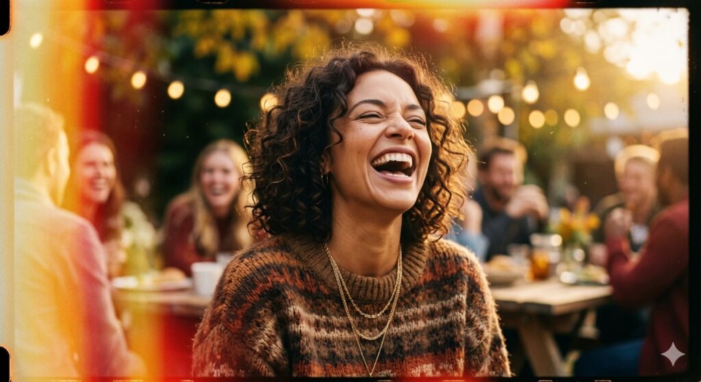 “A woman laughing candidly, photorealistic, light leaks, warm tones, film effect, spontaneous and emotional mood