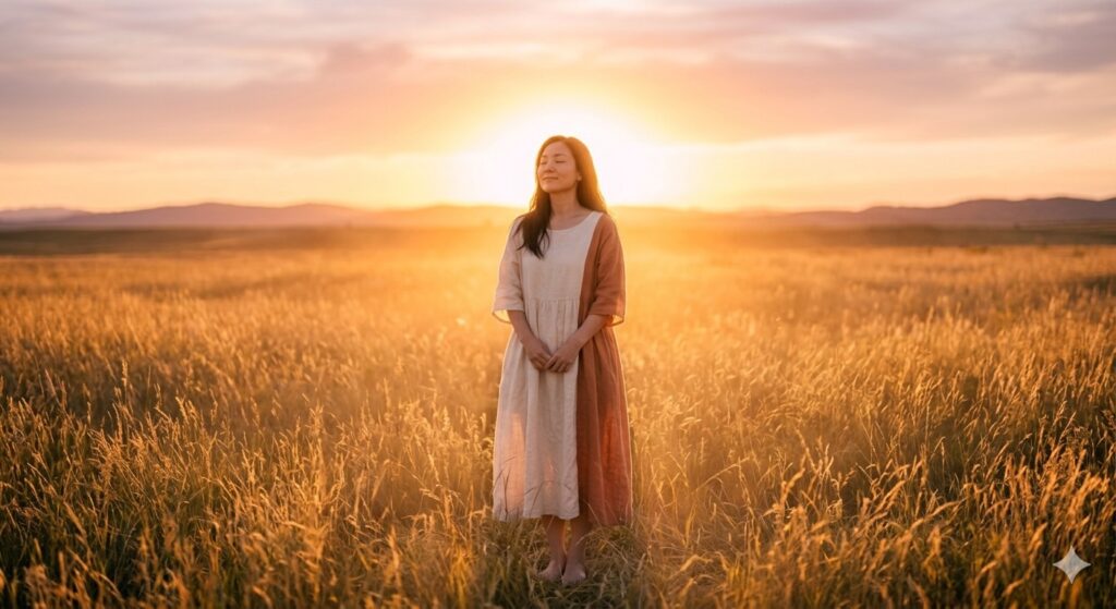 A woman standing in a field during sunset, peaceful expression, photorealistic, glow effect, bloom lighting, soft radiant light