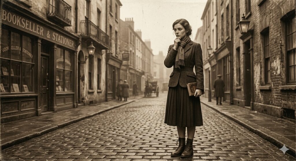 A woman standing in an old street, classic outfit, sepia tone, vintage texture, faded contrast, historical atmosphere
