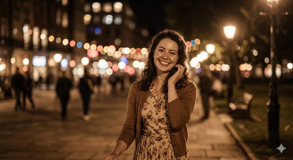 A young woman smiling at night, photorealistic, bokeh lights in background, shallow depth of field, cinematic portrait