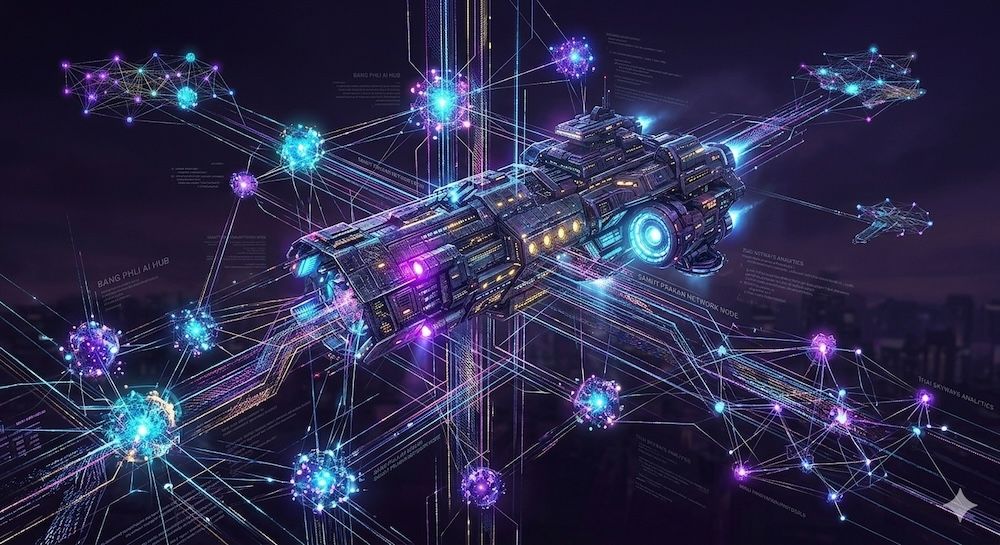 Abstract AI network visualization, glowing nodes, dark background