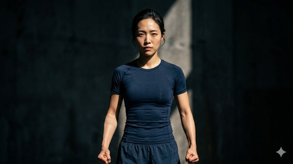 Asian female athlete standing firmly with squared shoulders, strong posture, intense and confident gaze